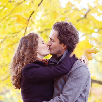 Mid adult couple kiss in autumn forest of yellow maple trees