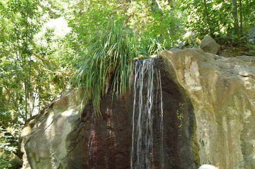 The waterfall flows down from the stones overgrown with plants in the summer natural Park.