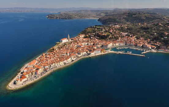 Aerial view of mediaeval coastal town Piran in Slovenia, Mediterranean coast, Adriatic sea, travel and tourism concept