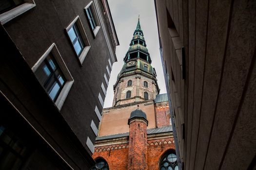 St. Peter's Church in Riga the capital of Latvia. View of Old Riga with St. Peter's Church. 
