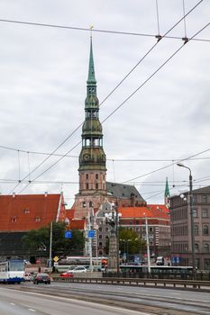 St. Peter's Church in Riga the capital of Latvia. View of Old Riga with St. Peter's Church. View of Riga with ld buildings and historic architecture.