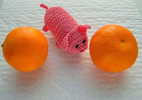 Chinese new year, toy bound pig-a symbol of wealth, next to the tangerines.