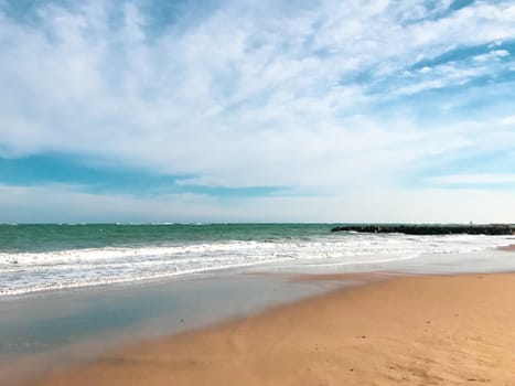 Panoramic View Of The Empty Beach And Waves. Pomorie, Bulgaria.