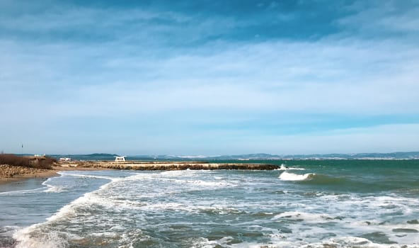 Panoramic View Of The Empty Beach And Waves. Pomorie, Bulgaria.