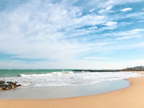 Panoramic View Of The Empty Beach And Waves. Pomorie, Bulgaria.