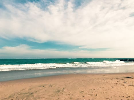 Panoramic View Of The Empty Beach And Waves. Pomorie, Bulgaria.