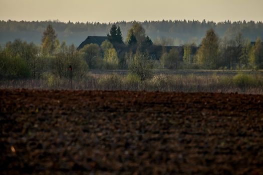Spring landscape with plowed field. Plowed cereal field with mist in spring. Classic rural landscape in Latvia. Plowed field in spring season.
