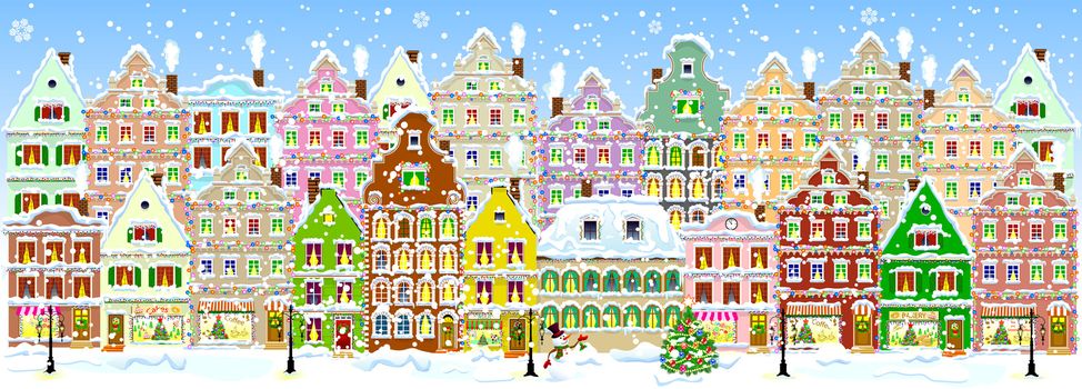 City street in winter. Christmas Eve. The winter vacation. The houses are covered with snow. Snow on a city street. Houses decorated before the winter holidays.  Snow-covered city street.                                                                                                                                                                                                                                                           