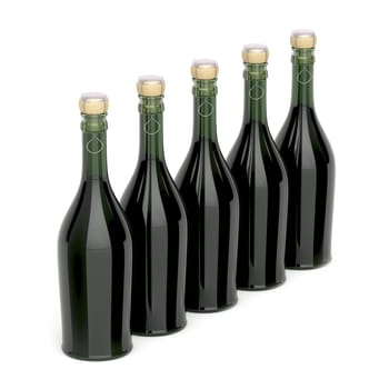 Row with champagne bottles on white background
