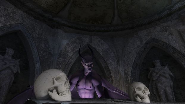 Fallen angel satan in a crypt with skulls - 3d rendering