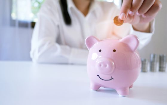 Female hand stack coins  growing business. Saving money