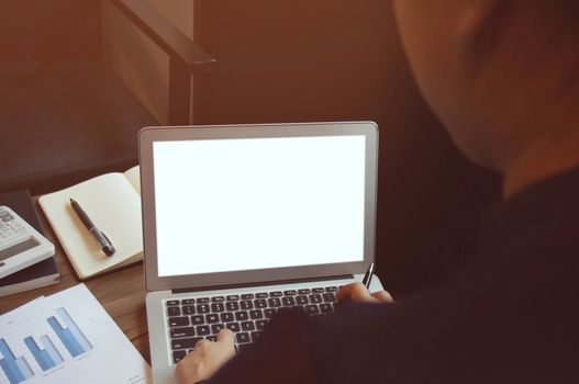 Business woman working on Laptop with Mock up blank screen. technology concept.