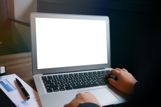 Business woman working on Laptop with Mock up blank screen. technology concept.