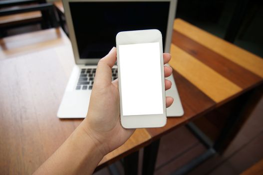 Close up of women's hands holding cell telephone blank copy space screen. smart phone with technology concept