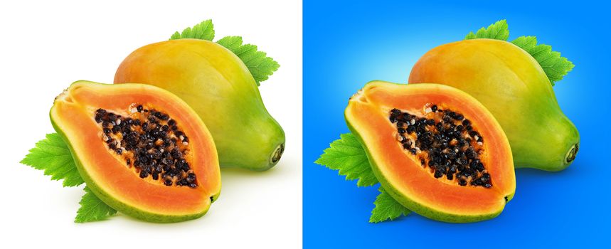 Whole and half of ripe papaya fruit isolated on white background with clipping path