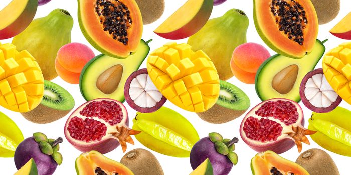 Tropical fruits seamless pattern. Falling exotic fruits isolated on white background, papaya, mango, pomegranate, carambola, mangosteen, kiwi