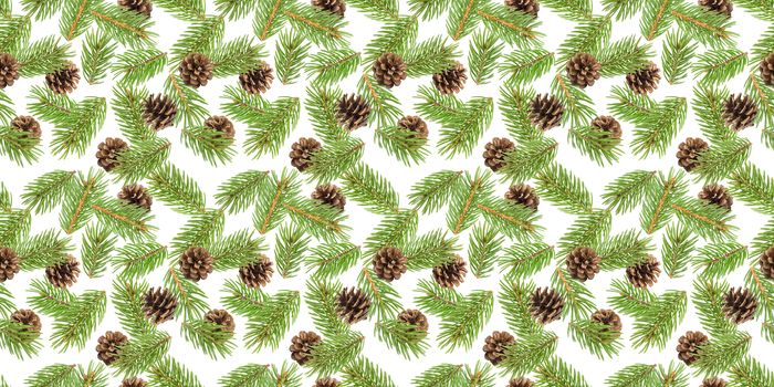 Fir tree branches seamless pattern, pine branch, Christmas conifer isolated on white background, New Year winter pattern