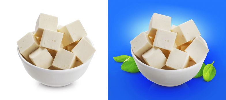 Greek feta cubes. Diced soft cheese in bowl isolated on white background with clipping path, concept for packaging