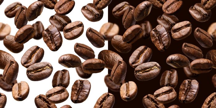 Falling coffee beans seamless pattern, isolated on white and black background with clipping path