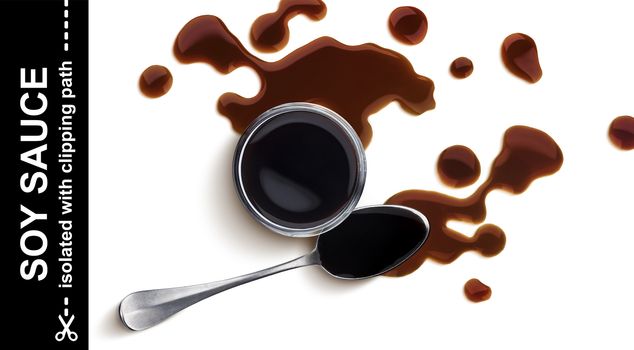 Soy sauce. Splash of soy sauce, spoon and bowl isolated on white background with clipping path, top view, packaging concept