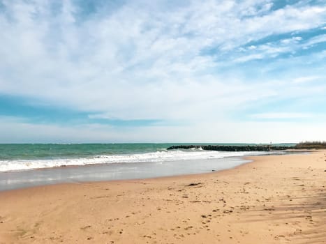 Panoramic View Of The Empty Beach And Waves. Pomorie, Bulgaria.