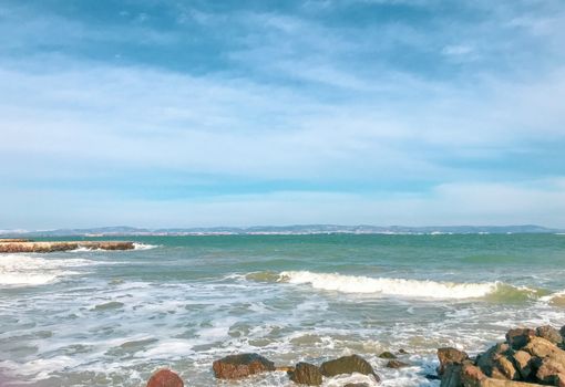 Panoramic View Of The Empty Beach And Waves. Pomorie, Bulgaria.