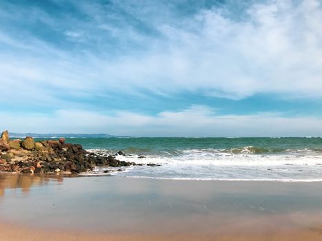 Panoramic View Of The Empty Beach And Waves. Pomorie, Bulgaria.