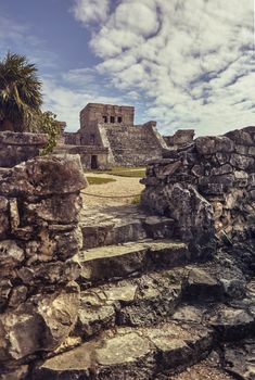 Temple of the frescos in the Mayan complex of Tulum, in Mexico taken during the sunset. 