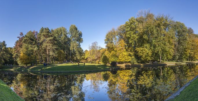 Amazing autumn around the old ponds in Sofiyivka park in Uman, Ukraine