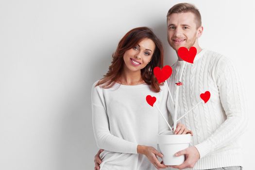 Couple of people holding together pot with tree of love with red hearts , white background