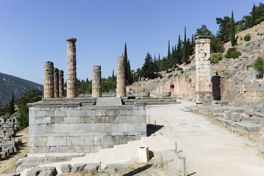 The ruins in Delphi, an archaeological site in Greece at the Mount Parnassus. Delphi is famous by the oracle at the sanctuary dedicated to Apollo. UNESCO World heritage