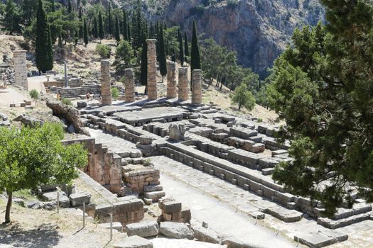 The ruins in Delphi, an archaeological site in Greece at the Mount Parnassus. Delphi is famous by the oracle at the sanctuary dedicated to Apollo. UNESCO World heritage