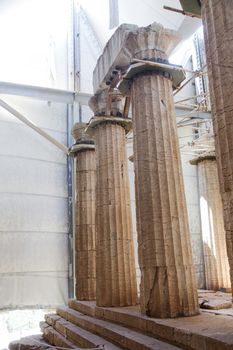 Ancient temple of Apollo restored under the protection of large canopy in Bassae (Vasses), Greece