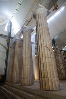 Ancient temple of Apollo restored under the protection of large canopy in Bassae (Vasses), Greece