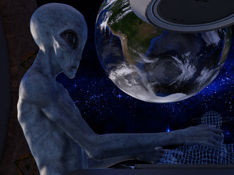 Fantasy alien in a spaceship near earth - 3d rendering