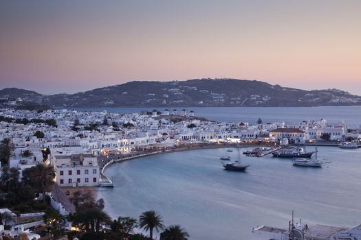 beautiful twilight over Mykonos town  Mykonos island,  Cyclades archipelago,  Greece