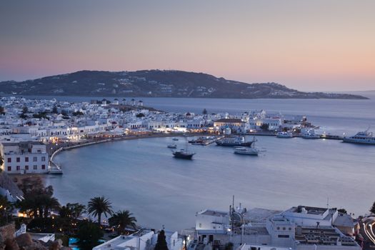 beautiful twilight over Mykonos town  Mykonos island,  Cyclades archipelago,  Greece