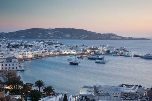 beautiful twilight over Mykonos town  Mykonos island,  Cyclades archipelago,  Greece