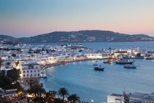 beautiful twilight over Mykonos town  Mykonos island,  Cyclades archipelago,  Greece