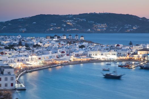 beautiful twilight over Mykonos town  Mykonos island,  Cyclades archipelago,  Greece