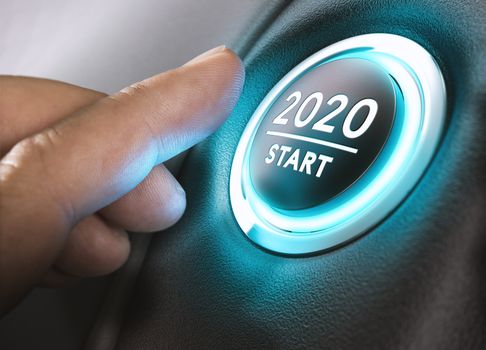 Finger about to press a car ignition button with the text 2020 start. Year two thousand and twenty concept.