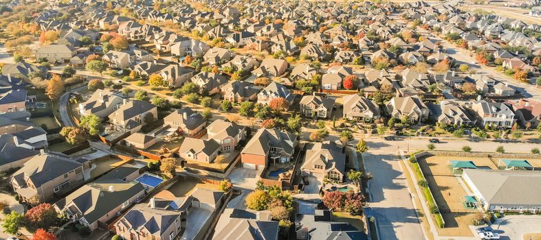 Panorama view aerial view new development neighborhood in Cedar Hill, Texas, USA in morning fall with colorful leaves. A city in Dallas and Ellis counties located 16 miles southwest of downtown