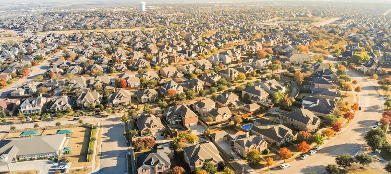 Panorama view aerial view new development neighborhood in Cedar Hill, Texas, USA in morning fall with colorful leaves. A city in Dallas and Ellis counties located 16 miles southwest of downtown
