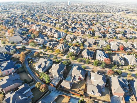 Aerial view new development neighborhood in Cedar Hill, Texas, USA in morning fall with colorful leaves. A city in Dallas and Ellis counties located approximately 16 miles southwest of downtown Dallas