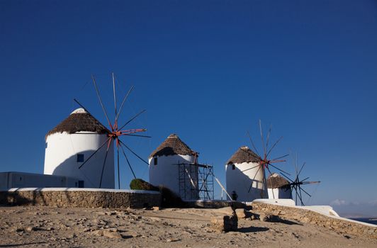 famous view  Traditional windmills on the island Mykonos, Greece