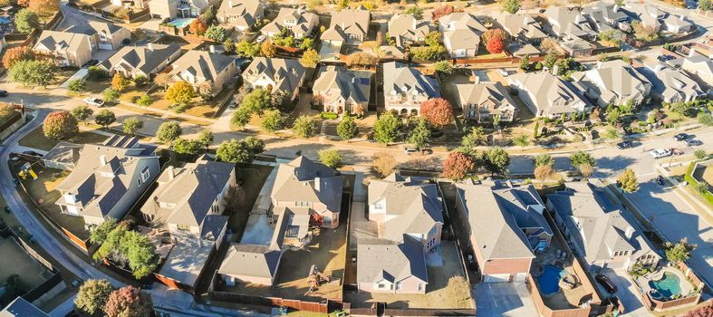 Panorama view aerial view new development neighborhood in Cedar Hill, Texas, USA in morning fall with colorful leaves. A city in Dallas and Ellis counties located 16 miles southwest of downtown