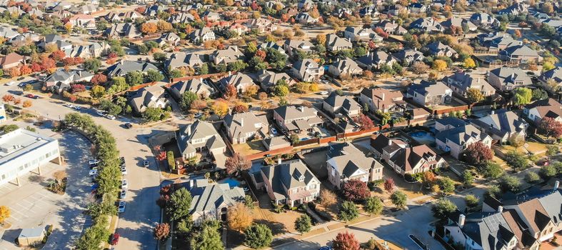 Panorama view aerial view new development neighborhood in Cedar Hill, Texas, USA in morning fall with colorful leaves. A city in Dallas and Ellis counties located 16 miles southwest of downtown