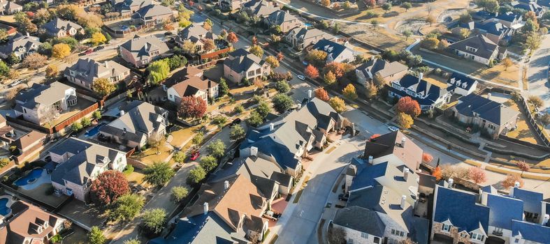 Panorama view aerial view new development neighborhood in Cedar Hill, Texas, USA in morning fall with colorful leaves. A city in Dallas and Ellis counties located 16 miles southwest of downtown