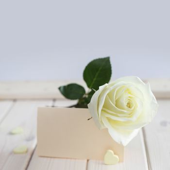 White rose, hearts and blank card on wooden table, valentines day concept