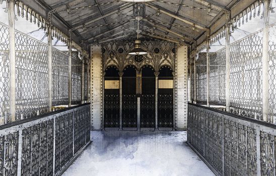 Metallic and deep corridor, detail of a hall with elevator to the background, old